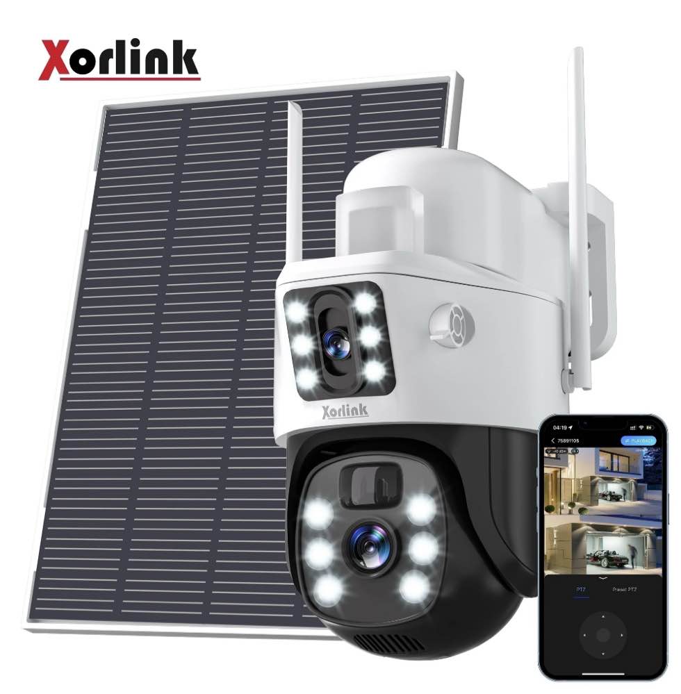 Xorlink 4K/8MP Solar Security Camera, 360° View Wireless Outdoor Camera, Waterproof PIR Detection, Rechargeable Battery Powered Home Dual Lens Surveillance Camera with Color Night Vision 2-Way Audio
