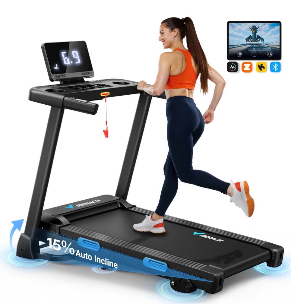 MERACH Folding Treadmill with 15% Auto Incline, Fitness Treadmill for Home with APP, 300 lbs Capacity