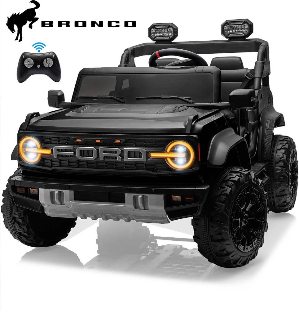 24V 2 Seater Ride on Cars, Licensed Ford Bronco Raptor Powered Ride on Toys Truck with Remote Control, 4 Wheels Spring Suspension, Bluetooth, LED Light, Electric Cars for Kids Ages 3-8 Gifts, Black