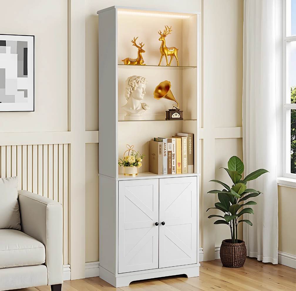 Zimtown 70.9" Display Cabinet with Glass Doors,  3-Tier Storage Cabinet Bookshelf with LEDs, Collection Showcase for Home Living Room Office, White