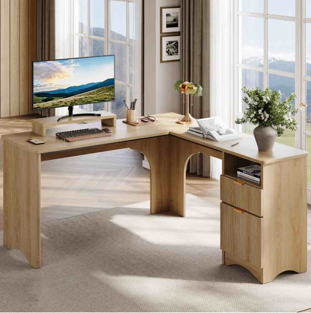 Bestier L Shaped Desk with Drawers, 55.7" x 55" Office Computer Desk with Round Corners, Monitor Stand & Fluted Panels, Natural Oak