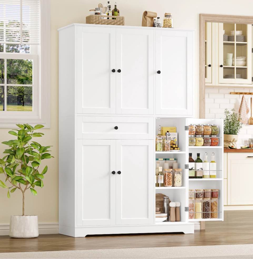 Homfa Kitchen Pantry Storage Cabinet, 68" Food Pantry Cabinet with Drawer and Door Shelf, 6 Door Freestanding Cupboard Buffet for Dining Room, White