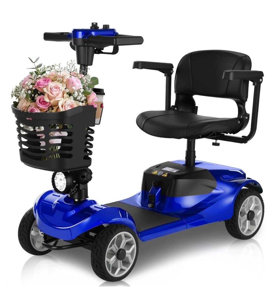 Mbxcooter 15 Miles 4-Wheel Mobility Scooter for Adults/Seniors, Foldable Compact Elderly Scooter with Removable Basket, Cup Holder, 350W Powered Electric Wheelchair Device w/360WH Battery