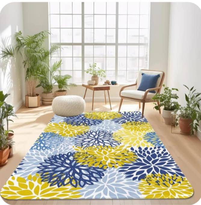 Area Rugs Blue Yellow And Navy Modern Neutral Large Carpet And Chrysanthemum Flowers Rugs For Dinning Room Living Room Bedroom Farmhouse Non Slip 5x7ft