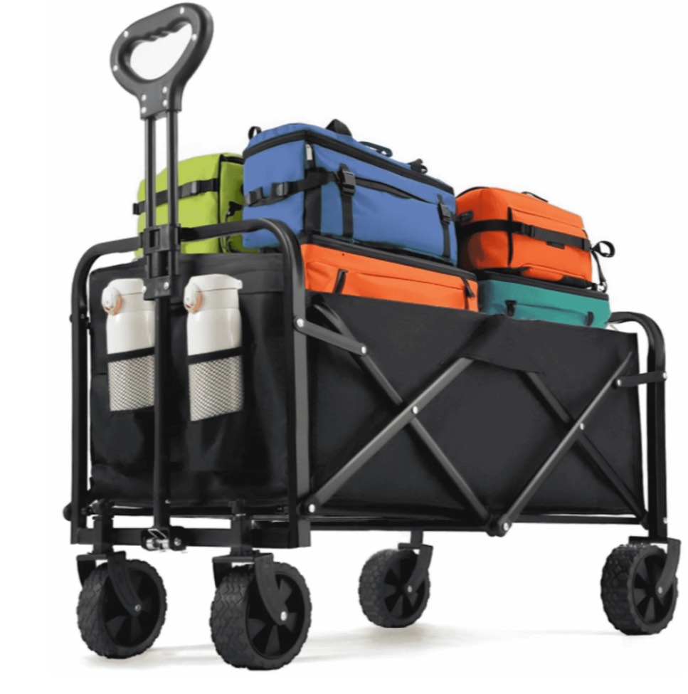 PASAMIC 220lbs Collapsible Wagon Cart, Heavy Duty Cart with All-Terrain Wheels & Drink Holders, Utility Wagon for Outdoor, Shopping, Camping, Black