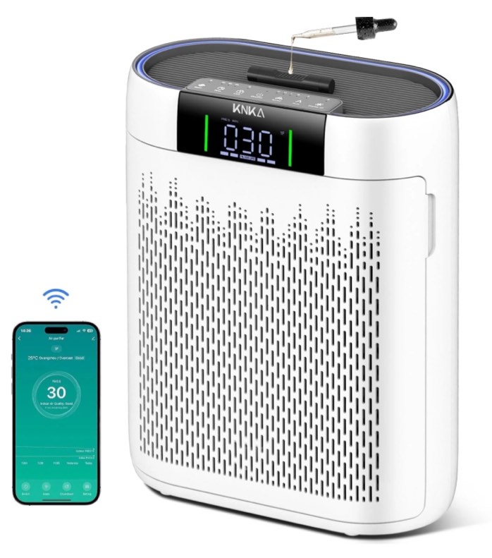 KNKA Air Purifier, HEPA Air Purifiers for Large Rooms up to 2500 Sq. ft., Air Cleaner with Air Quality Monitor, Smart WiFi, and Aromatherapy, for Allergies, Pets, Odors, Dust, Pollen, and Smoke