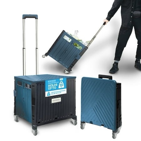 BLACK+DECKER Large Collapsible Pack N Roll Folding Utility Cart with Lid, 4 Wheels, Adjustable Handle, Heavy Duty, Black/Ocean Blue