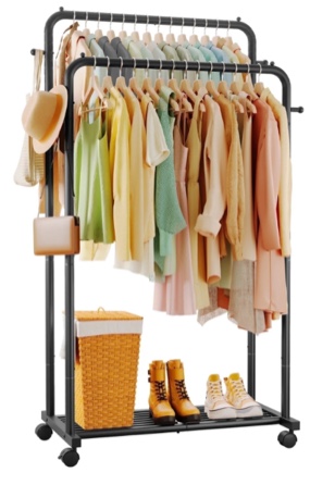 Sakugi Clothes Rack, Double-Rod Garment Rack with Hooks & Mesh Shlef, Versatile Clothing Racks for Hanging Clothes, Hats, Bags, Portable Hanger for Bedroom, Laundry, 32.7"×16"×59.1", Black