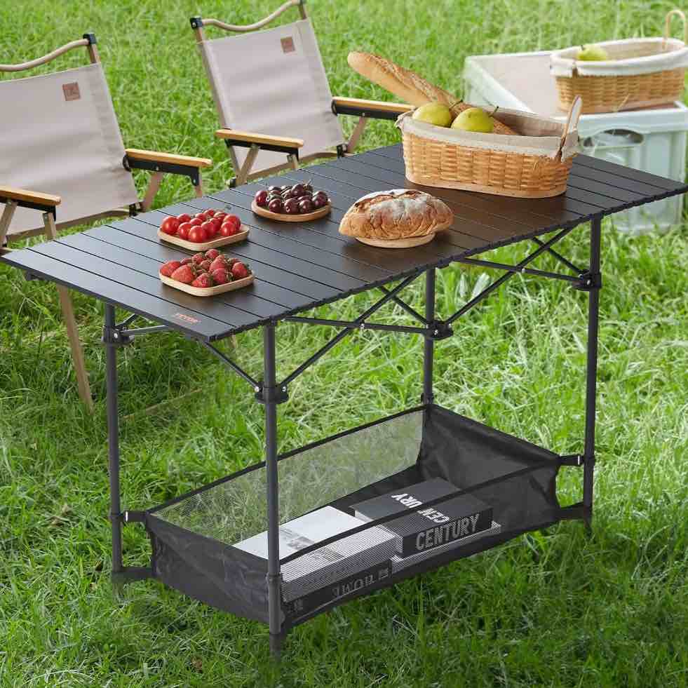 Eotvia Camping Table With Carry Bag, Folding Camping Table With Storage, Carbon Steel Roll Up Table With Adjustable Height, Portable Picnic Table For Outdoor Camping Travel Backyard BBQ Patio Beach
