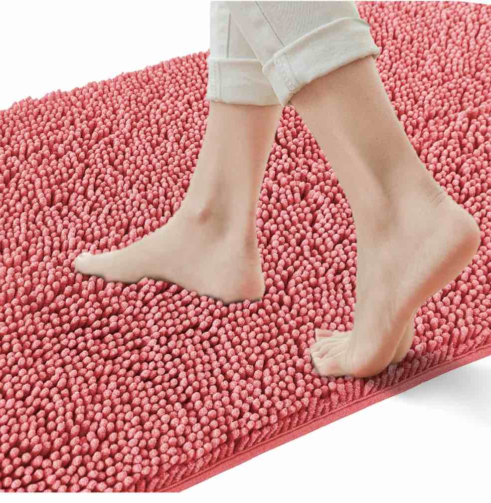 Yujoon Super Soft Chenille Bathroom Rug Non-Slip Absorbent Machine Washable Bath Mat, 24"x44", Pink