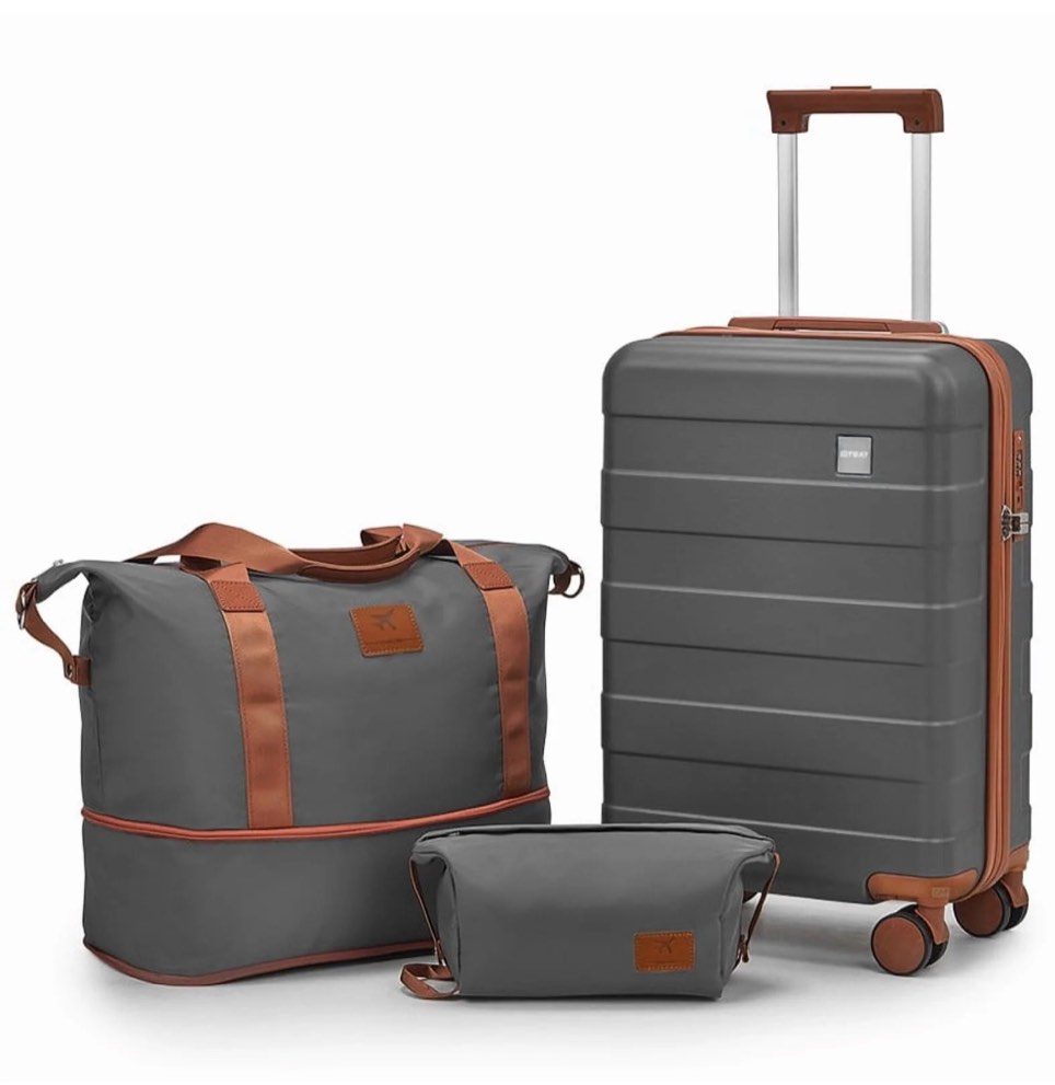 Joyway 3-Piece Luggage Set 20-Inch Carry-On Suitcase with Spinner Wheels TSA Lock Travel Duffel Bag and Toiletry Bag Hardside Lightweight Luggage Grey