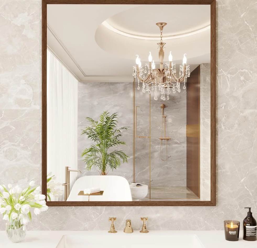 Swafrrt 22"x 30" Bathroom Wall Mirror with Walnut Wood Grain Framed, Vanity Mirror Anti-Rust, Anti-Fog, Waterproof