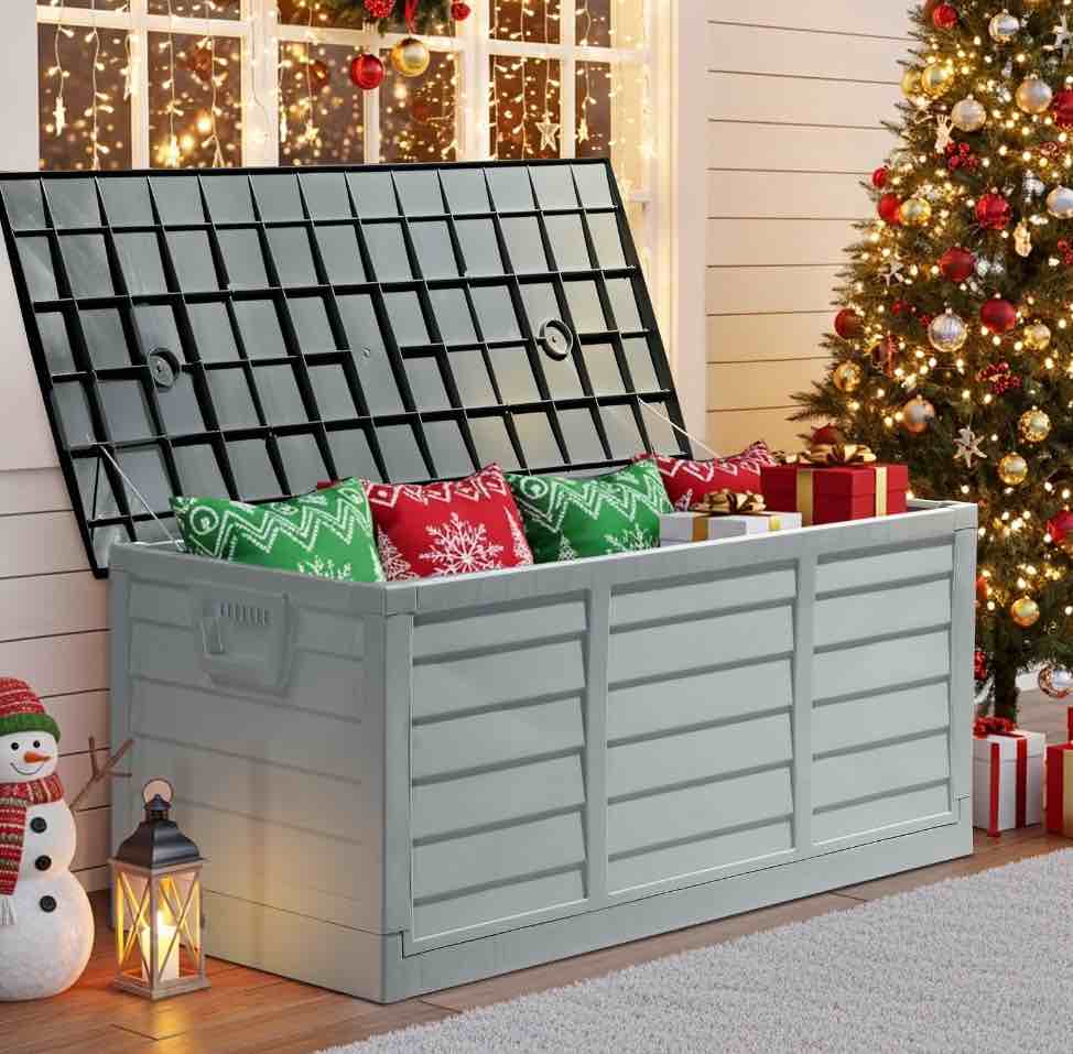 Ktaxon 75gal Outdoor Garden Plastic Storage Deck Box Pre-installed Deck Box,Space Saving & Easy Set Up - Grey