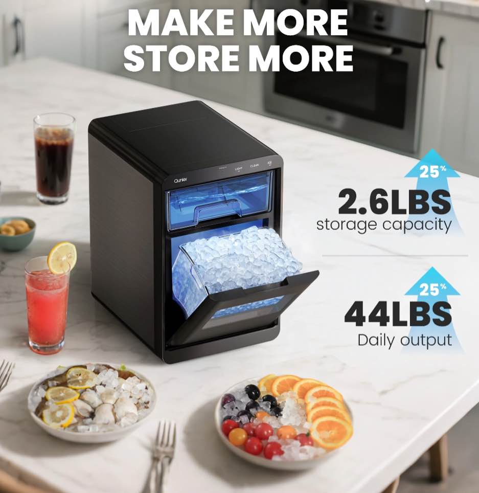 Qunler Nugget Ice Maker Countertop, 44lbs per Day Chewable Pebble Nugget Ice Machine with Touch Screen for Home, Kitchen, Office, Stainless Steel, Black