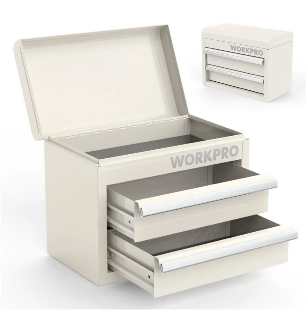 WORKPRO Mini Metal Tool Box with 2 Drawers and Top Storage, Small Tool Chest with PVC Liners and PP Feet Pads, Cold Rolled Steel Toolbox with Magnetic Tab,White