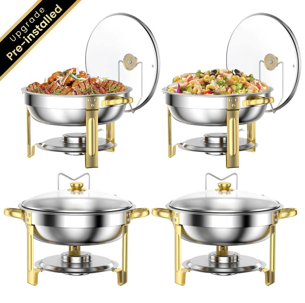 Chafing Dish Buffet Set 4 Pack: TINANA 5QT Stainless Steel Chafing Dishes with Glass Lid & Lid Holder, Round Food Warmers for Parties, Events, Wedding-Gold
