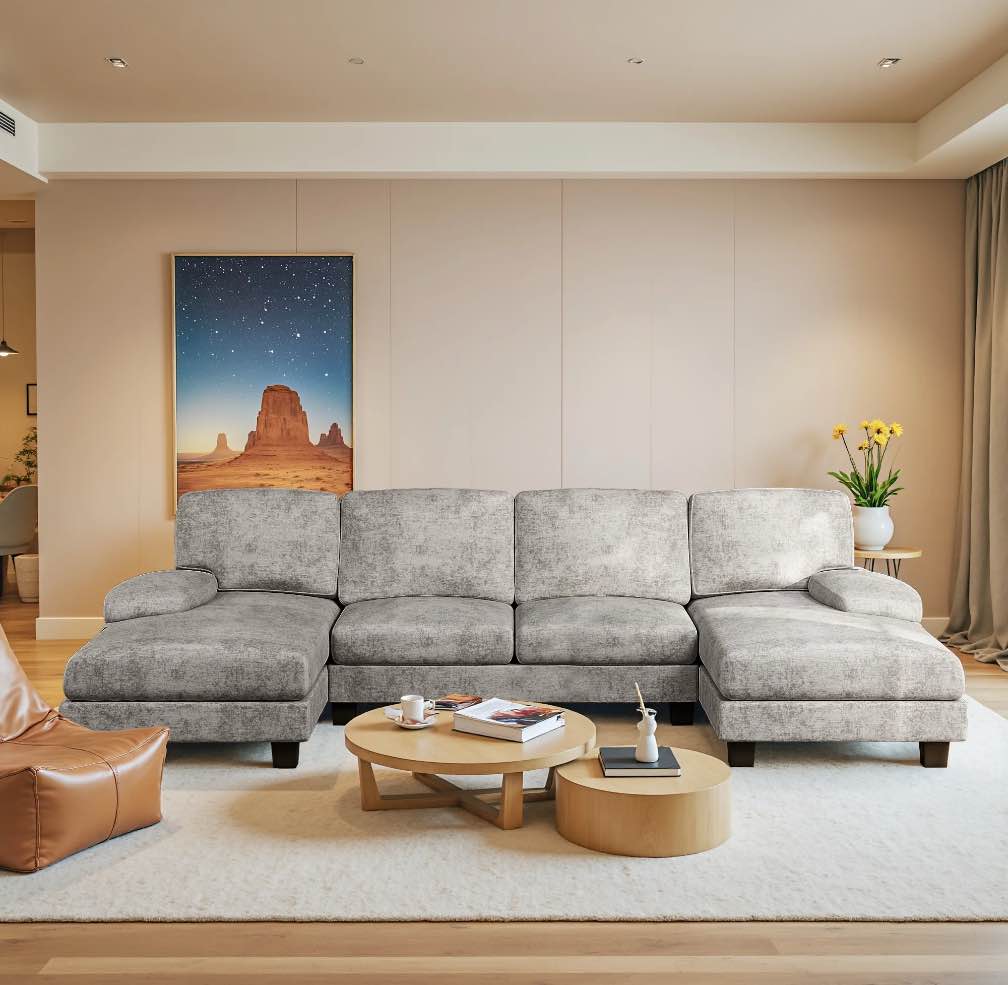 Homall Modern U-Shape 6 Seat Sectional Sofa, Chenille Fabric Modular Couch, Oversized Sofa with Chaise for Living Room, Light Gray **SEE DETAILS 