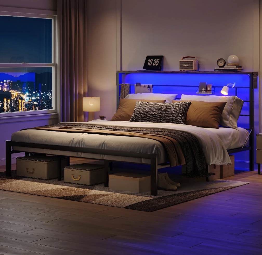 Bestier King Size Bed Frame with 49.2" High LED Storage Headboard Shelf, Metal Platform Bed, Black