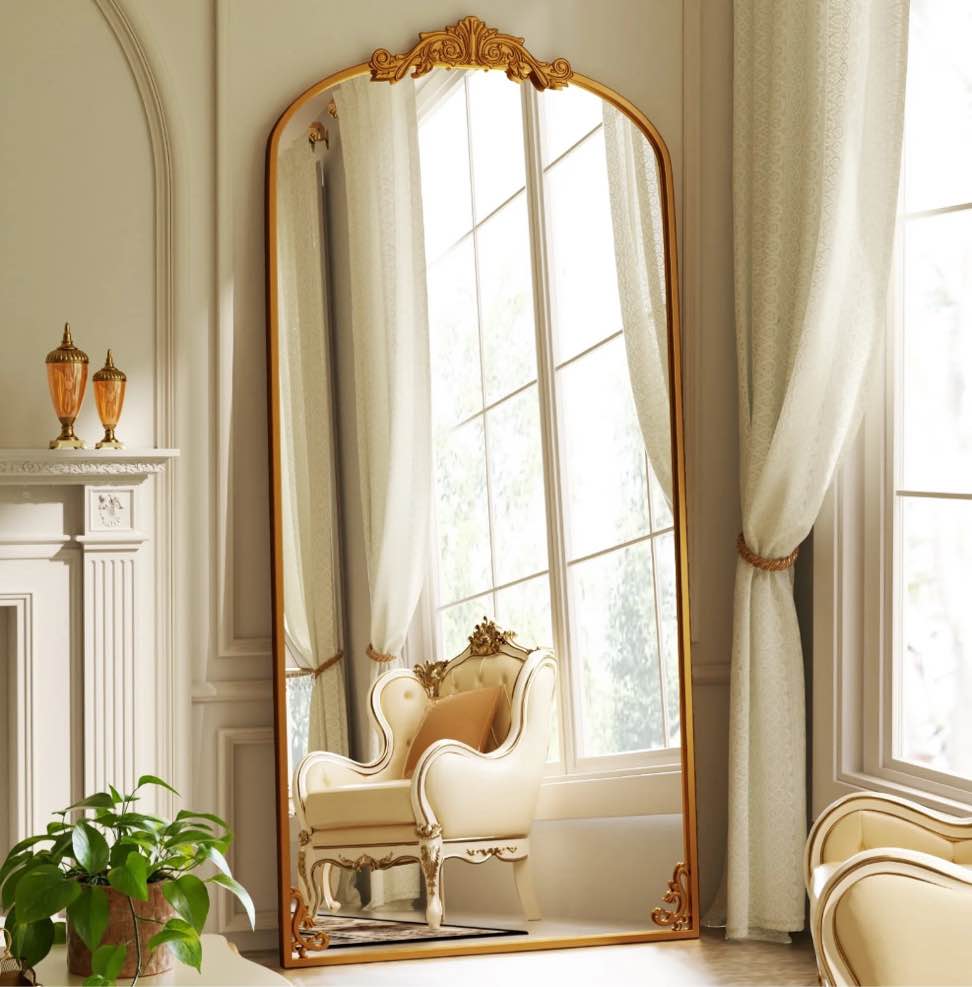 BEAUTYPEAK 74"x32" Full Length Mirror with Baroque Flower Head Design Wall-Mounted Mirror,Gold