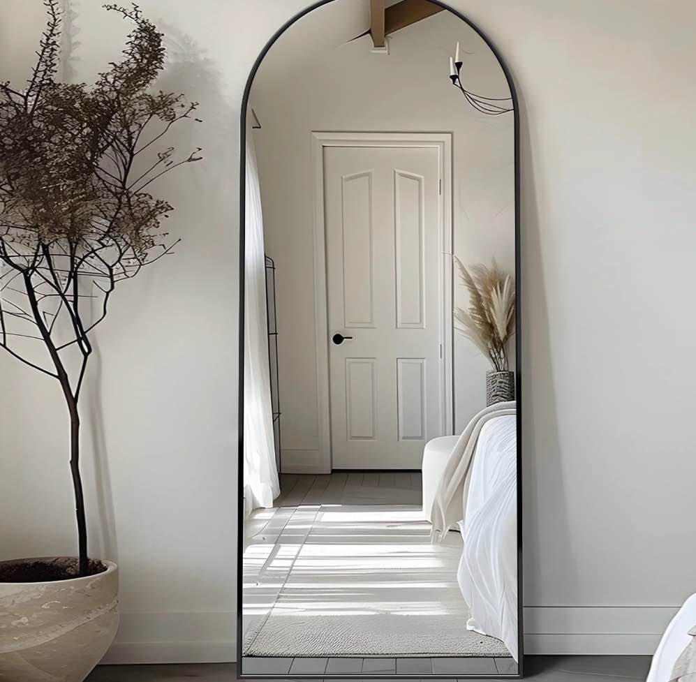 Antok 58.1"x18" Arched Full Length Mirror with Stand Aluminum Frame for Bedroom Living Room Black