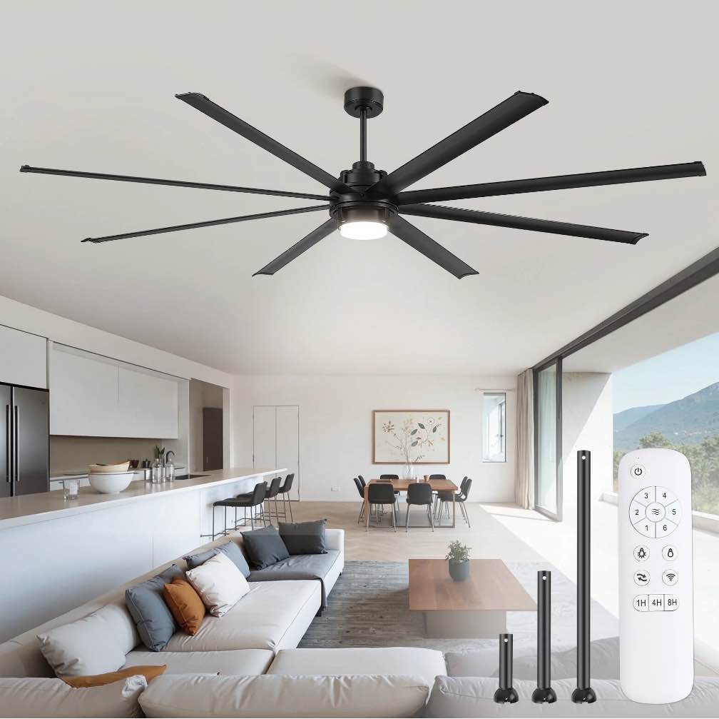 Zardon 100in Large Ceiling Fans with Light and Remote Control, Industrial Ceiling Fans with 6 Speeds Reversible  for Indoor Outdoor, Black
