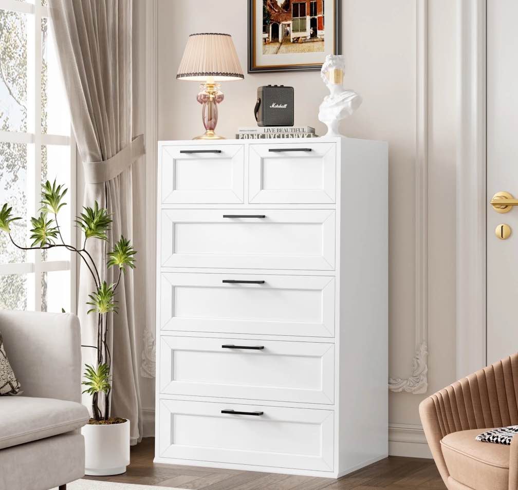 Homfa 6 Drawer White Dresser, Tall Dresser for Bedroom Wood Storage Cabinet with Metal Handles