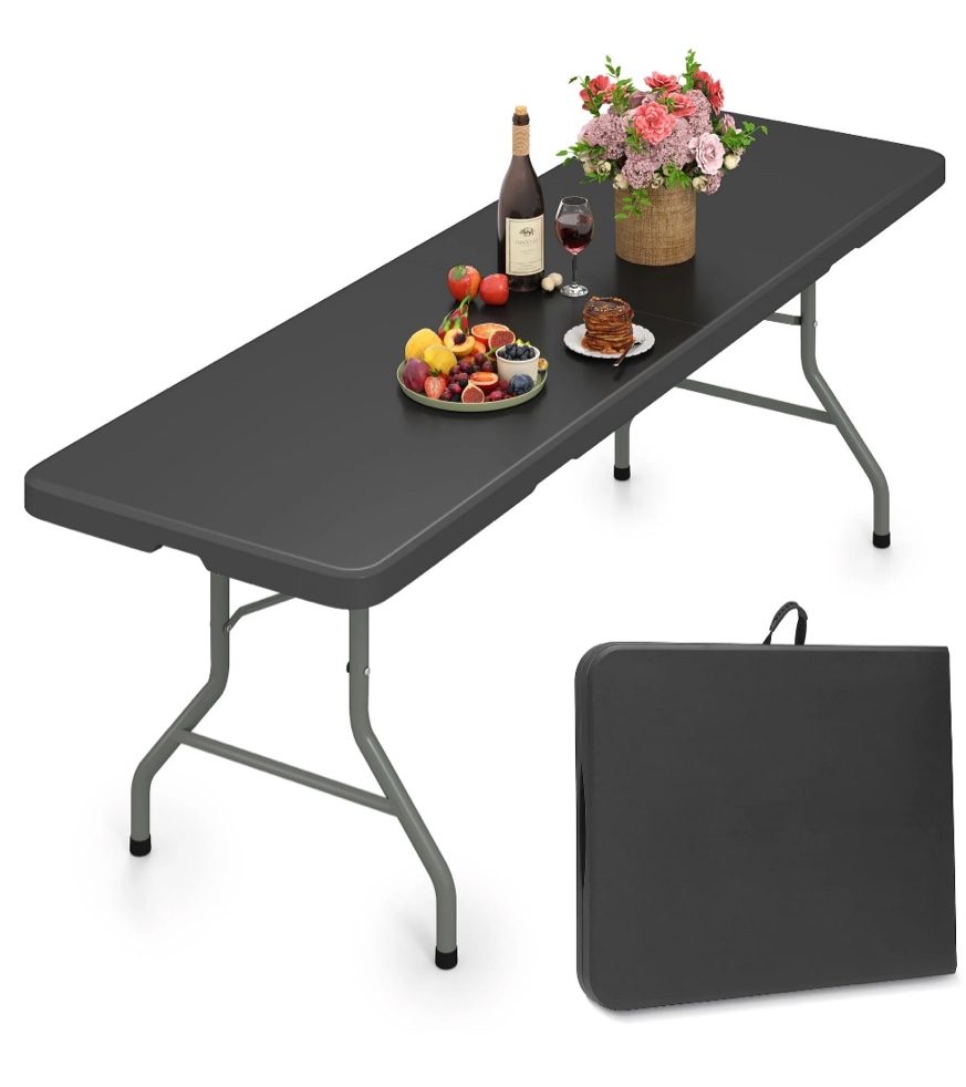 Harigal 8ft Folding Table Portable Fold-in-Half Design with Handle, Large Folding Table for Indoor Outdoor Events, Black