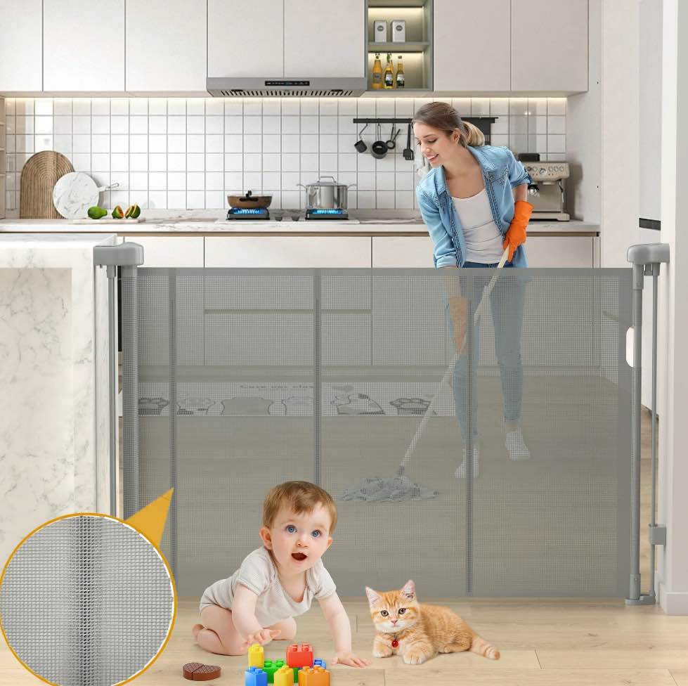 Vomeast 60in Extra Wide Retractable Baby Gates with Support Rods,Dog Gates for Doorways Stairs Hallways(Grey)