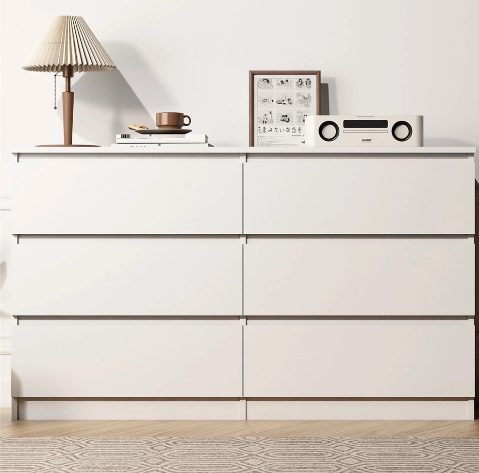 Kadyn White Chest of Drawer, 6 Double Drawer Dresser for Bedroom, Modern Storage Cabinet for Living Room, Dresser