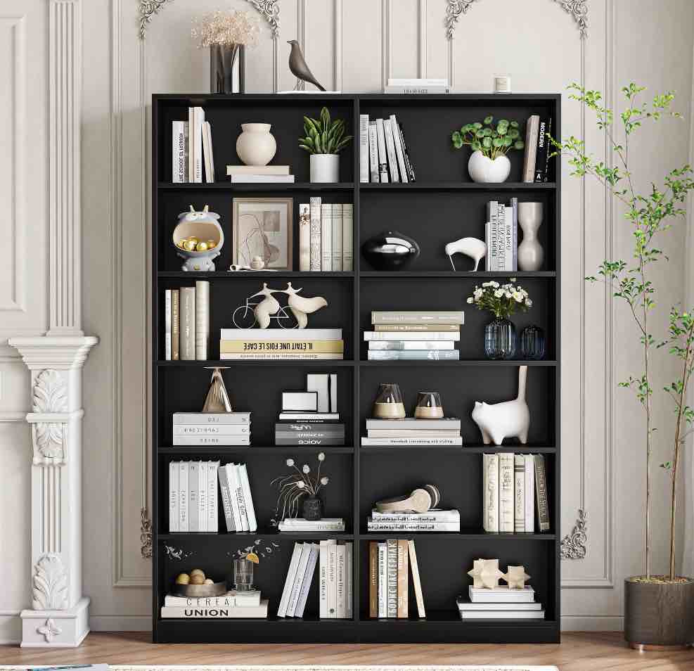 Homfa 74.3” Double Wide 6-Tier Bookcase, Extra Large Wooden Freestanding Display Bookshelf for Home Office Living Room, Black