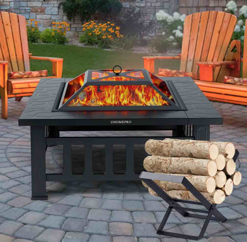 Fire Pits for Outside, 32" Wood Burning Fire Pit Tables with Firewood Rack, Screen Lid, Poker, BBQ Net, Food Clip and Cover, Backyard Patio Garden Outdoor Fire Pit BBQ Fire Pit, Black