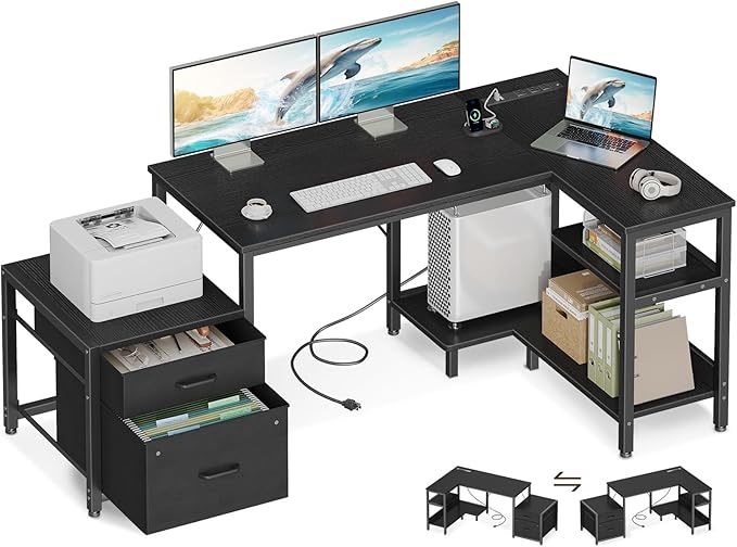 Casaottima L Shaped Desk with Drawers & File Cabinet, Computer Desk with Storage Shelves & CPU Stand, Corner Desk with Power Outlets, Reversible L Desk for Gaming, Home Office, Black