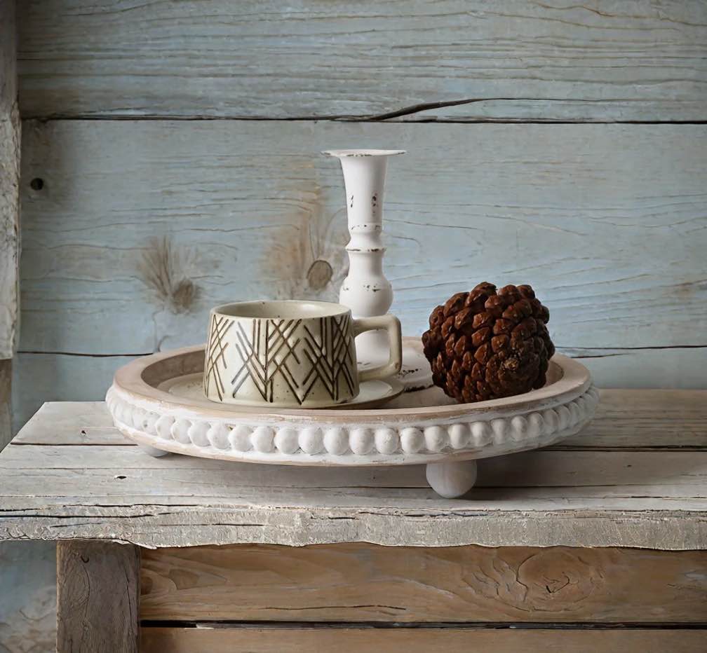 12in Round Wood Tray - White, Distressed, Farmhouse Rustic - Decorative Tray for Living Room, Coffee Table, Kitchen Table or Farmhouse Serving Tray