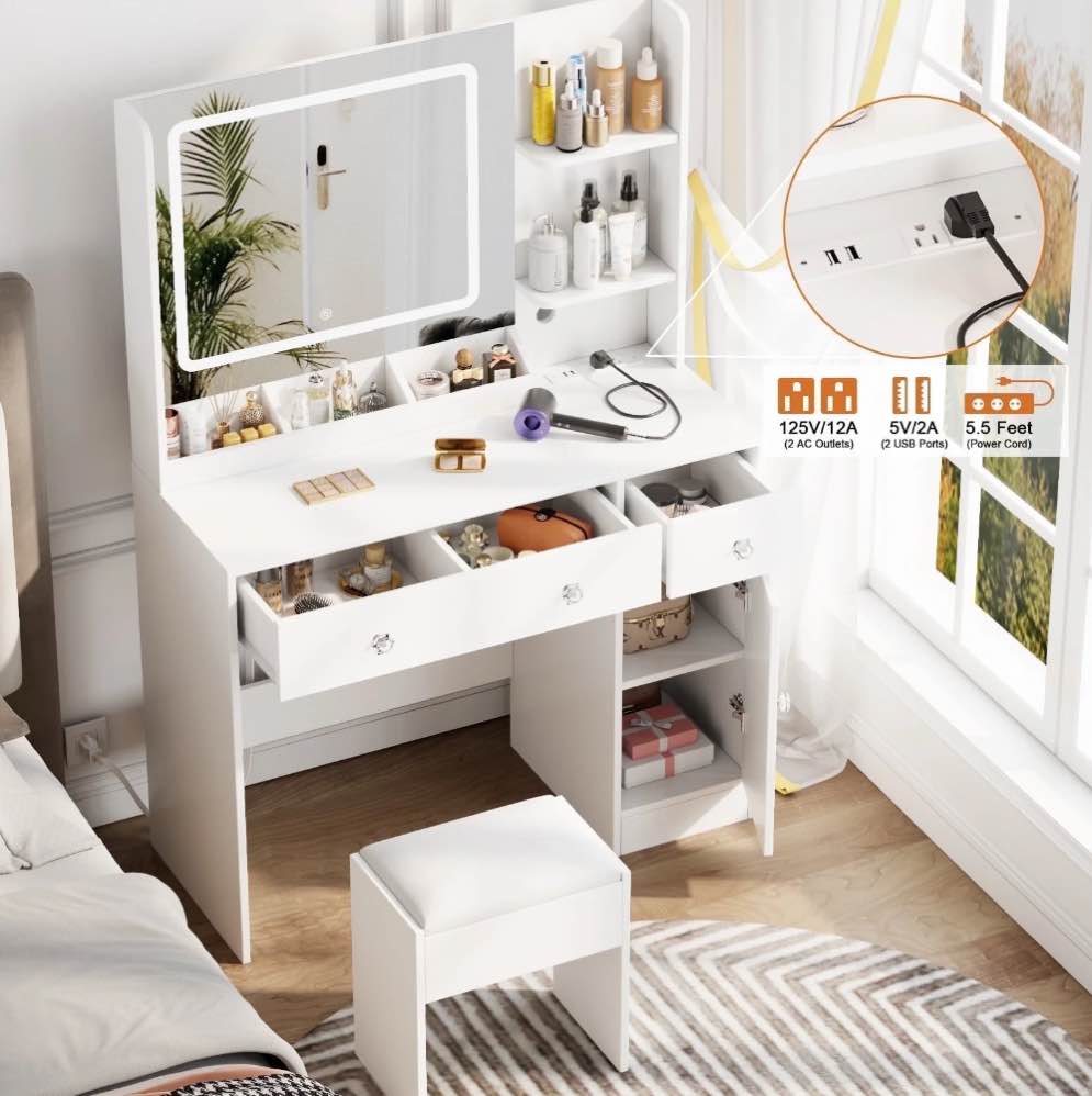 Satifur White Vanity Desk Set with Mirror and Lights, Makeup Table with Charging Station, Comfortable Bench, Big Vanity with 3 Storage Compartments, 39.4in