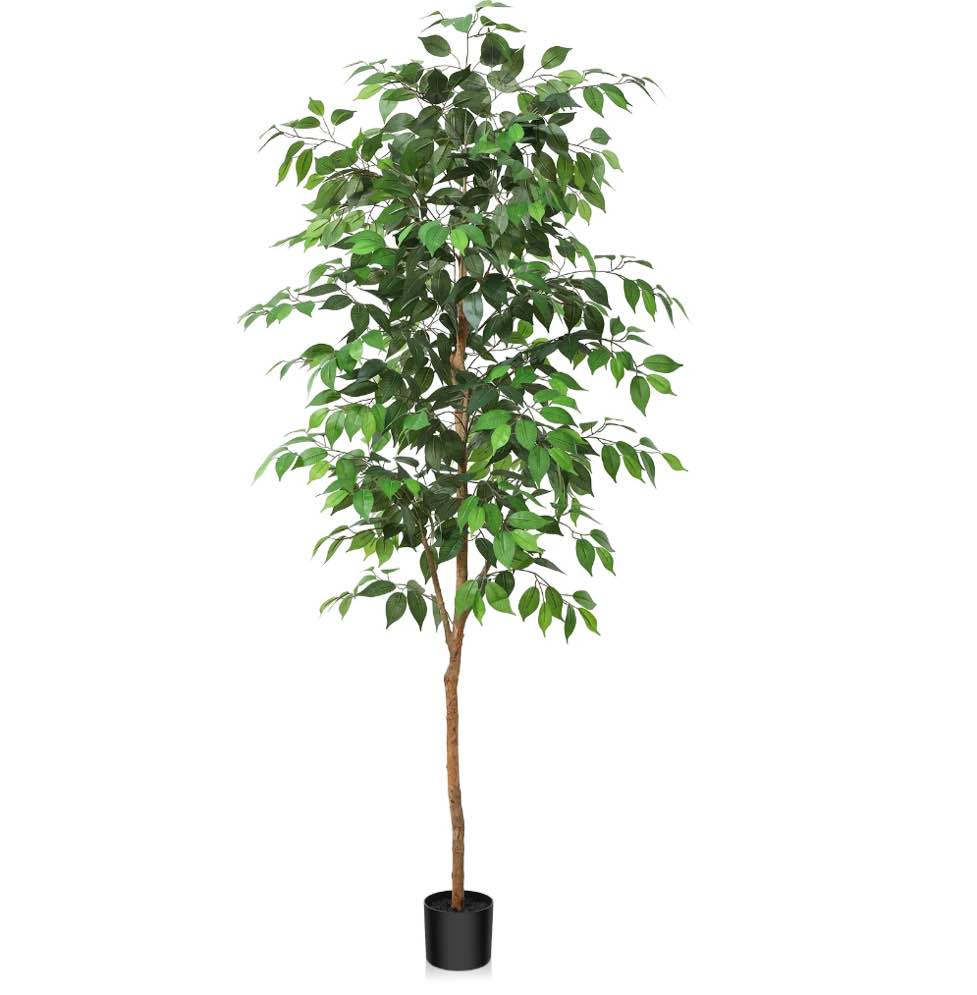 6FT Artificial Ficus Tree with Natural Wood Trunk and Lifelike Leaves, Silk Fake Potted Tree with Wood Branches, Faux Tree for Office Home Decor