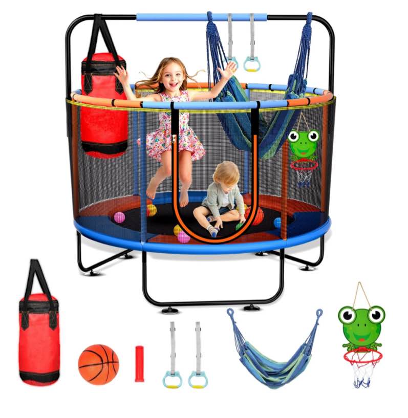 Skyhot 55" Indoor Outdoor Mini Round Trampoline for Kids with Enclosure Net and Basketball Hoop