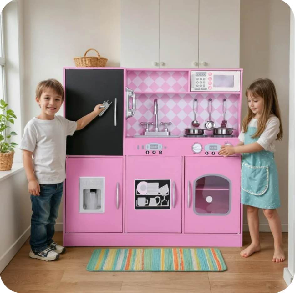 COCLUB Play Kitchen, Wooden Kids Kitchen Playset with Chalkboard, Ice Maker, Play Phone, Cookware Accessories, Microwave Toy Kitchen Gift for Boys Girls Age 3-8 Pink