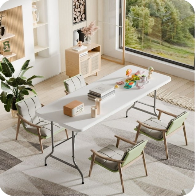 edx Folding Table, Outdoor Indoor Heavy Duty Portable with Carrying Handle for Camping, White,27.56"W x 70.89"D x 29.32"H