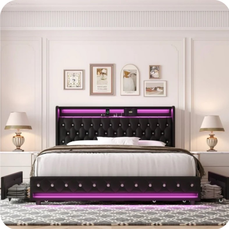 Homfa Queen Size LED Bed Frame with 4 Storage Drawers, Modern Wingback PU Leather Crystal Button Upholstered Platform Bed Frame with Outlets and USB Ports & Display Platform, Black