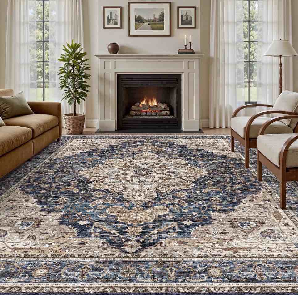 SIXHOME 8'x10' Area Rugs for Living Room Washable Vintage Medallion Rug Oriental Floral Distressed Carpet Ultra Soft Indoor Rugs for Bedroom Dining Room Retro Home Decor Navy Blue