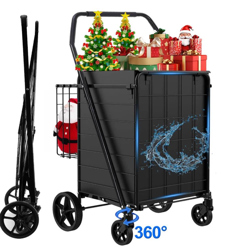 Folding Shopping Cart, Heavy Duty Grocery Cart with Removable Basket, 360° Rolling Laundry Cart & Lightweight Trolley for Shopping, Grocery, Laundry, Supermarket, Camping, Outdoor, Beach