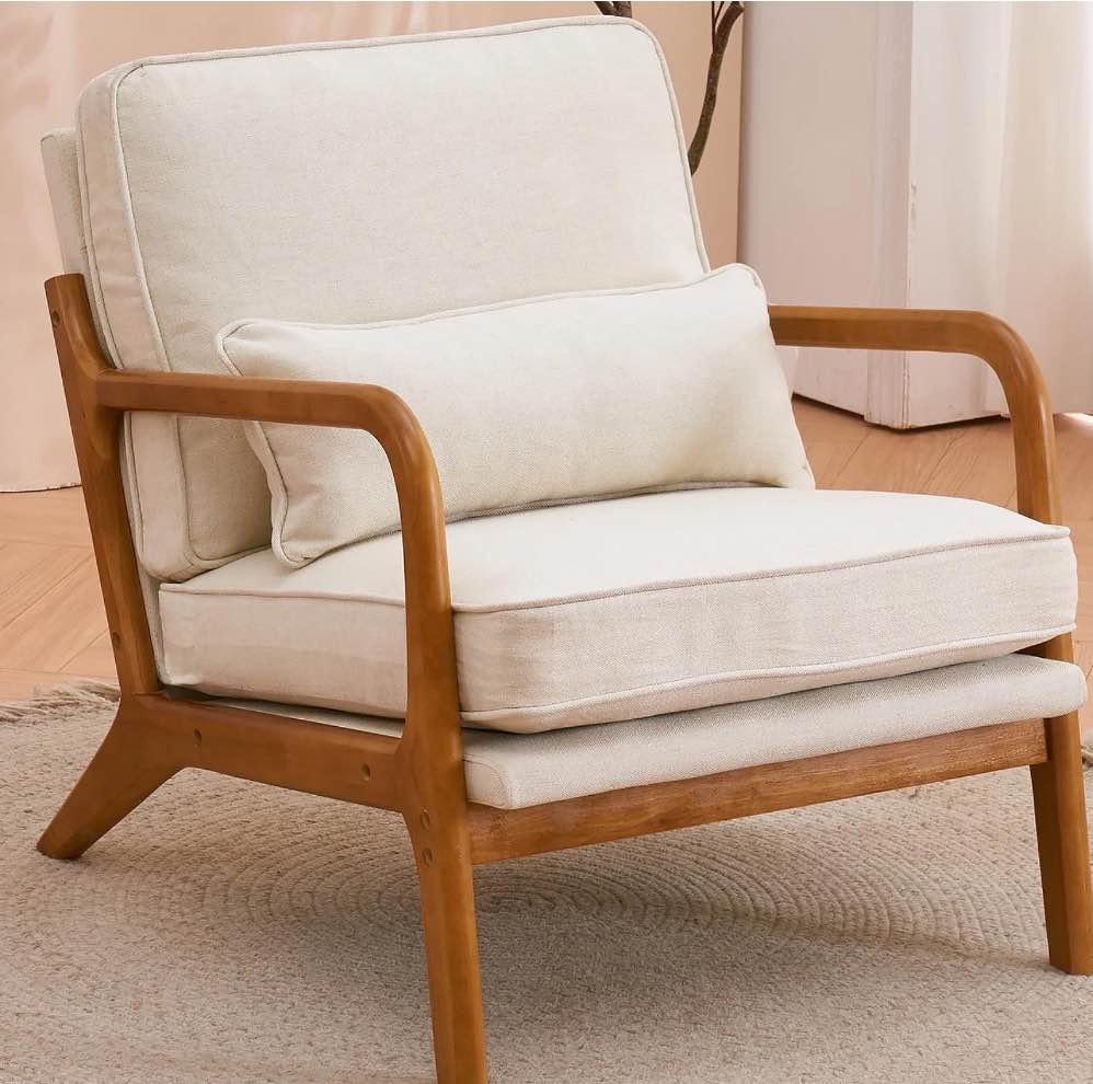 UBesGoo Modern Arm Chair Linen Fabric Upholstered Comfy Reading Accent Chair with Solid Wood Frame Beige