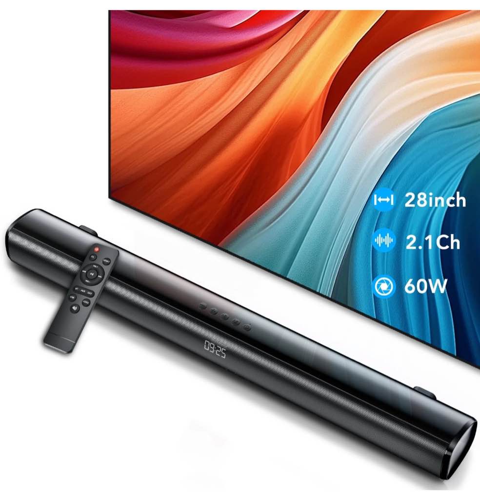 Sound Bar for TV, 60W Soundbar TV Speakers, 2.1 ch Home Theater with Subwoofer Boost, 3 Equalizer Modes, Soundbar for TV/PC/Gaming/Projectors, Bluetooth, OPT, COX, USB & AUX Wall Mountable