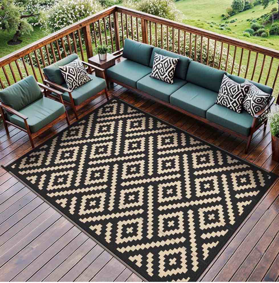 DEORAB Outdoor Rugs Waterproof Plastic Straw Mat 6'x9' Reversible for RV Patio Deck Beach Black & Beige