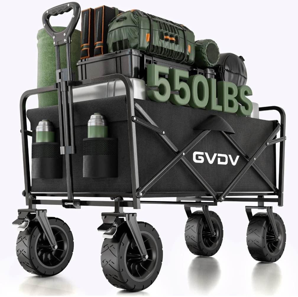 GVDV Collapsible Folding Wagon, 550LBS Large Heavy Duty Utility Cart with All-Terrain Wheels and Adjustable Handles for Shopping, Camping, Sports, Outdoor, Beach, Black