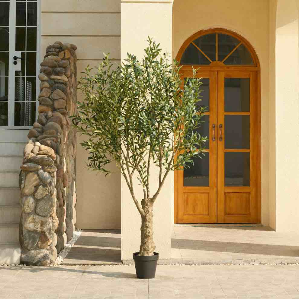DR.Planzen 7FT Giant Artificial Olive Tree, Tall Silk Faux Olive Tree with Massive Trunk Base, Large UV Resistant Black Plastic Potted Plant for Indoor Outdoor Home Office Decor