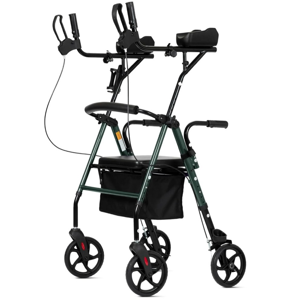 ELENKER Stand up Folding Rollator Walker, Aluminum Upright Rollator Walker with Seat and Backrest for Seniors, Green