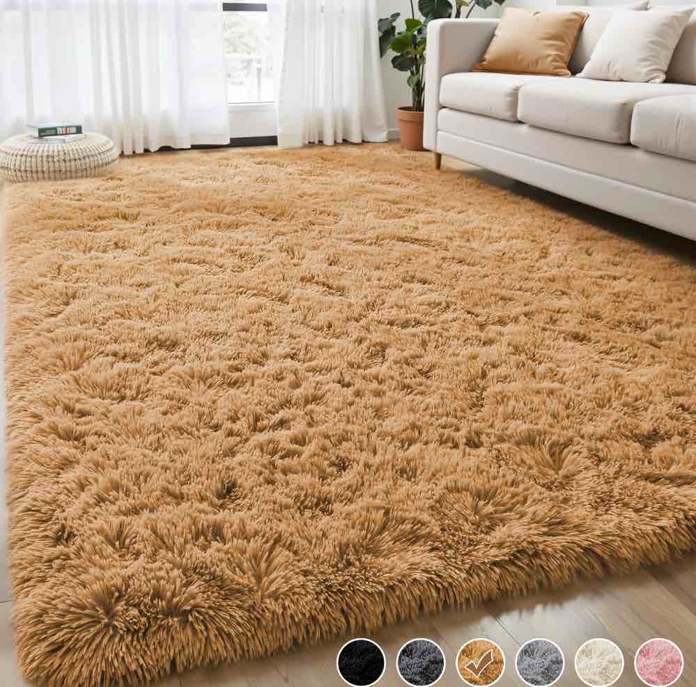 Nefoso Shag Area Rug, 8ft x 10ft Soft Fluffy Area Rugs for Living Room Bedroom Decor Carpet, Light Brown/Camel