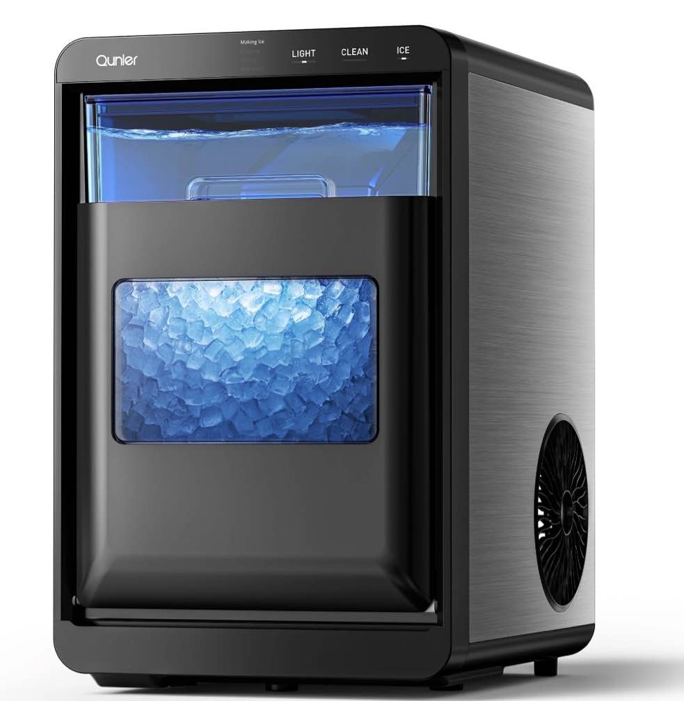 Qunler Nugget Ice Maker Countertop, 44lbs per Day Chewable Pebble Nugget Ice Machine with Touch Screen for Home, Kitchen, Office, Stainless Steel, Black