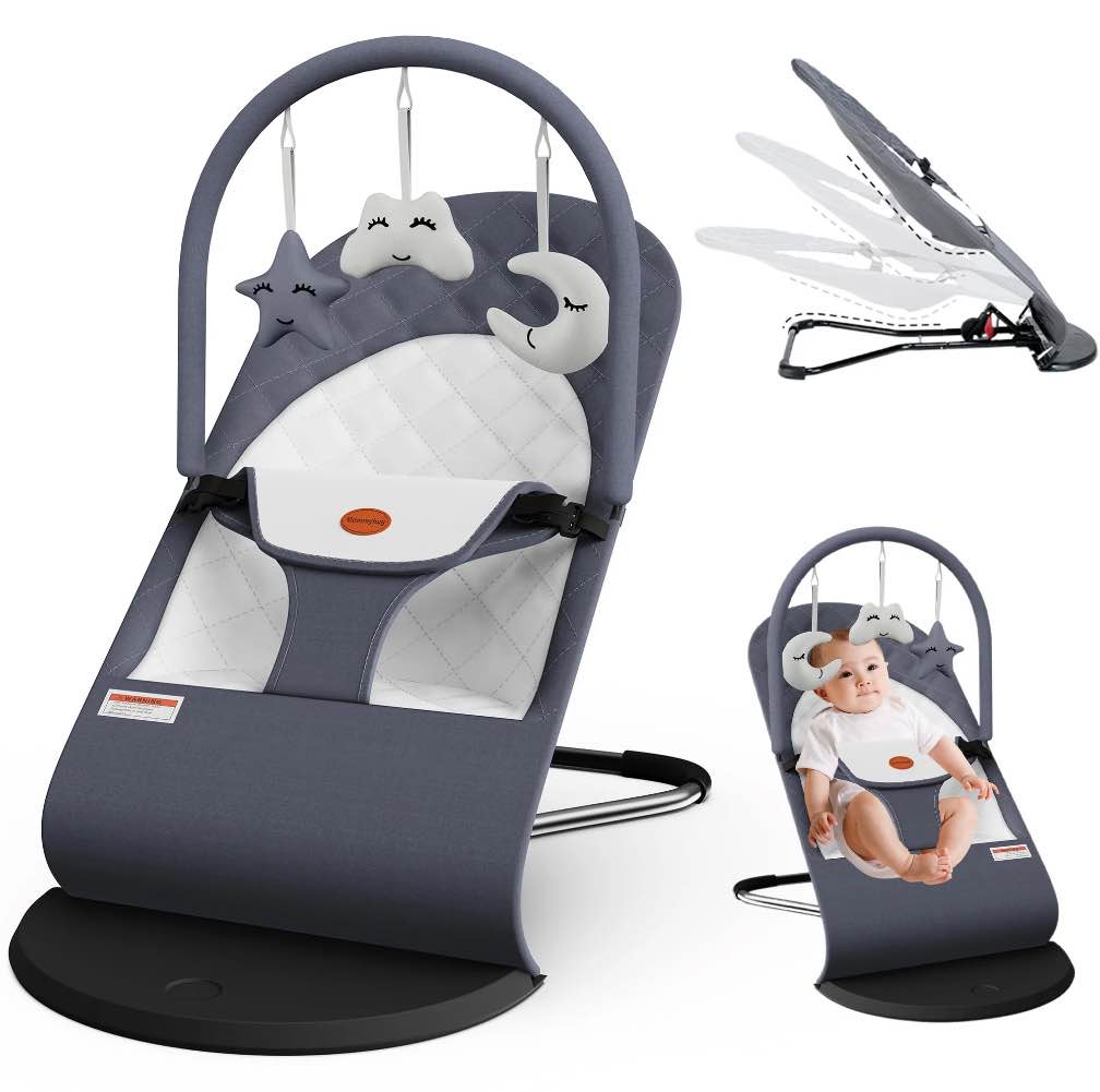 Baby Bouncer, Portable Baby Bouncer Seat for Babies 0-18 Months, 3 Modes of Use with Rocker & Stationary Options, Ergonomic Infant Chair with Hanging Toys Grey